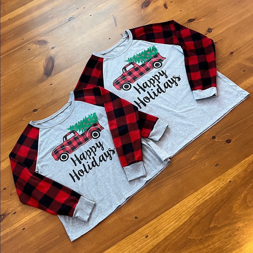 Happy Holidays PJ Top Red Plaid Grey Truck Tree Christmas Womanโs and Menโs Sz M
